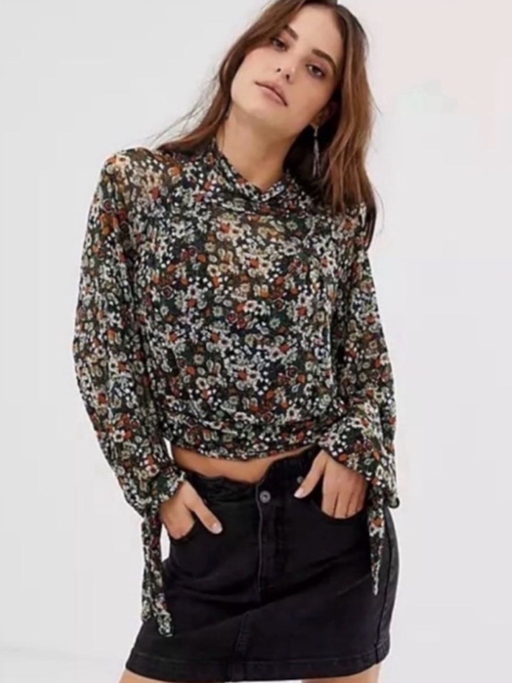 Free People All Dolled Up Floral Green Sheer High Neck Long Sleeve Mesh Blouse